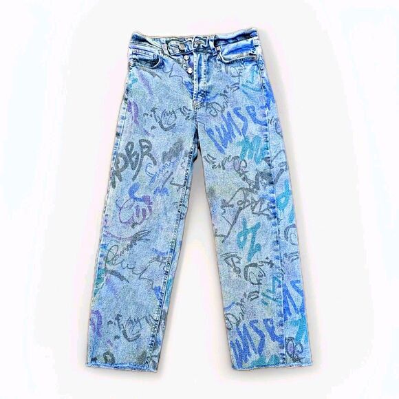 Target Wild Fable Womens Jeans Super High Rise Straight Size 6 Graffiti Print - Picture 1 of 8